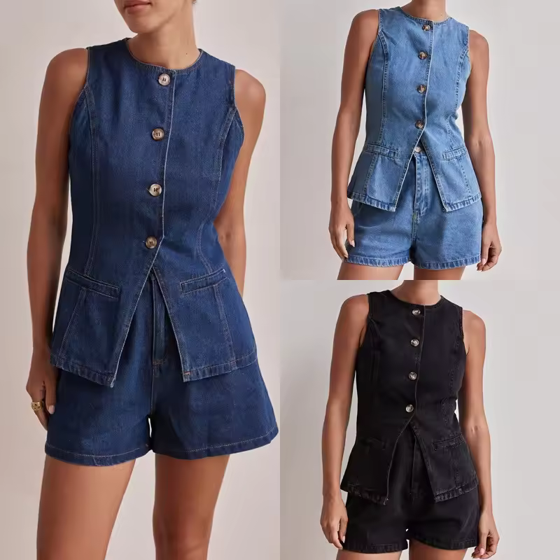 2026 Spring Summer New Arrival European American Sleeveless Waist Tied High Waist Loose Denim Shorts Two Piece Outfit SetReorder rate 37%