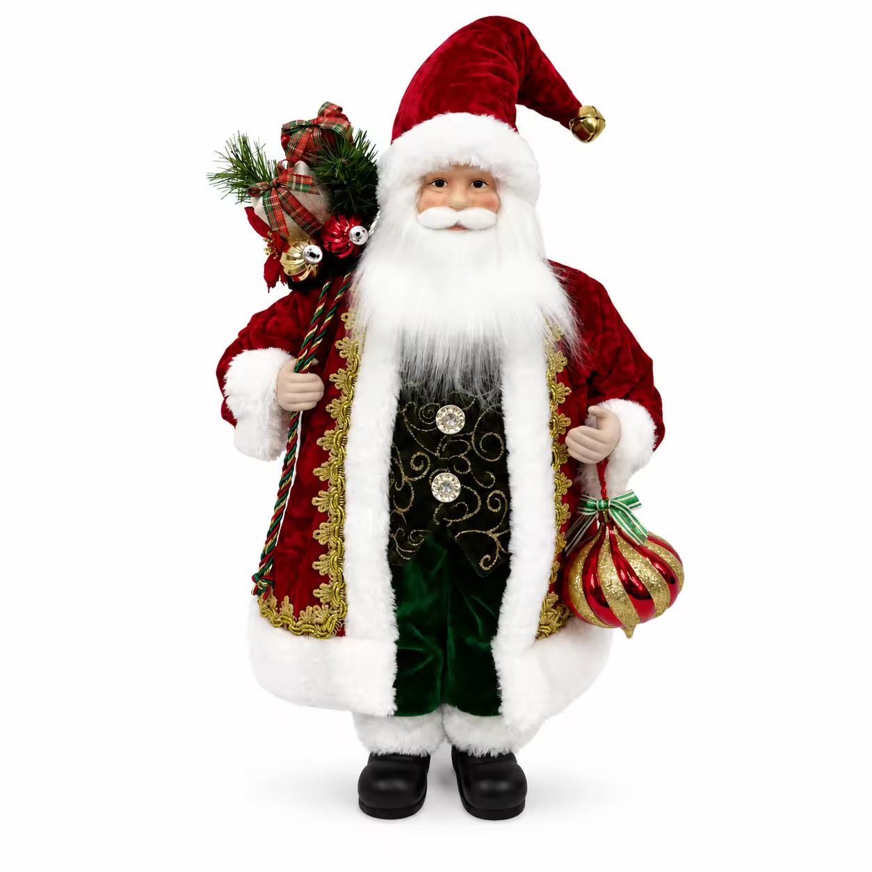 45cm 17.7 Inch Red Velvet Santa Claus Figurine with Gift Staff and Ornament Christmas Floor Decoration