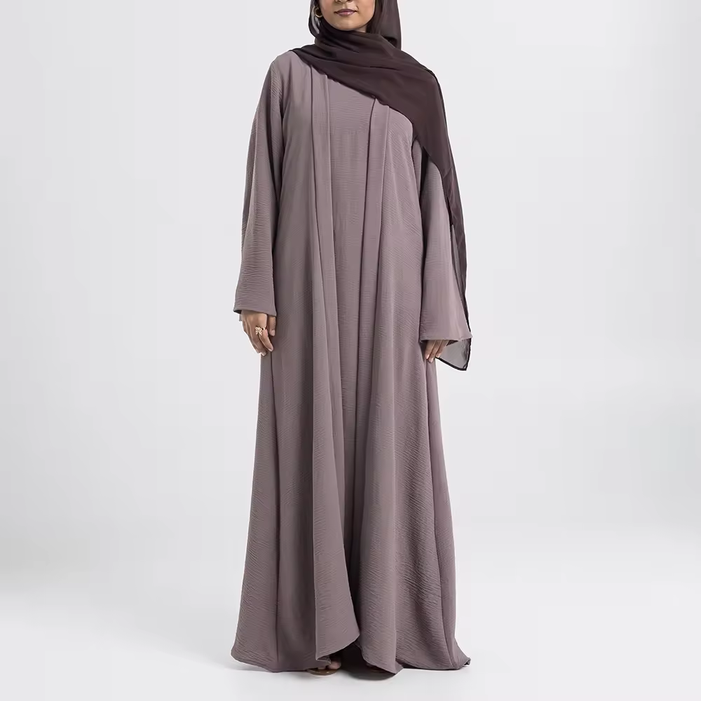 Abaya With Hijab Custom Logo Crinkle Crepe Open Front Wide Sleeve Dusty Purple Fast Sampling Private Label Islamic ManufacturerReorder rate 29%