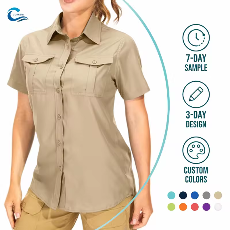 certifiedDirect Manufacturer Women's Quick Dry Short Sleeve Fishing Shirt Zipper Chest Pocket Tactical Safari ClothesReorder rate 25%
