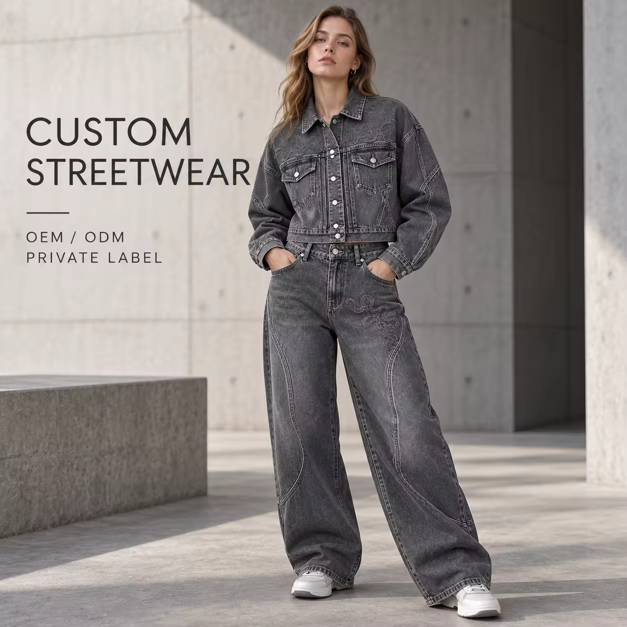 Custom Embroidery Cropped Denim Jacket and Wide Leg Jean Two Piece Set Vintage Washed Denim Suit for Women Streetwear