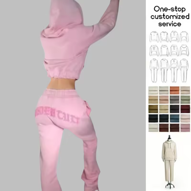 Embroidery Washed Cropped Sport Street Wear Custom Logo Zip up Two 2 Piece Sweatpants and Hoodie Set Joggers Tracksuits Womens