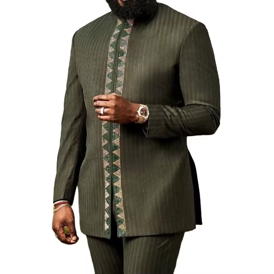 Fashion African Middle East Men's 2-Piece Suit Set Polyester Spring Long Sleeve Shirt Pants Ethnic Embroidery Geometric Pattern