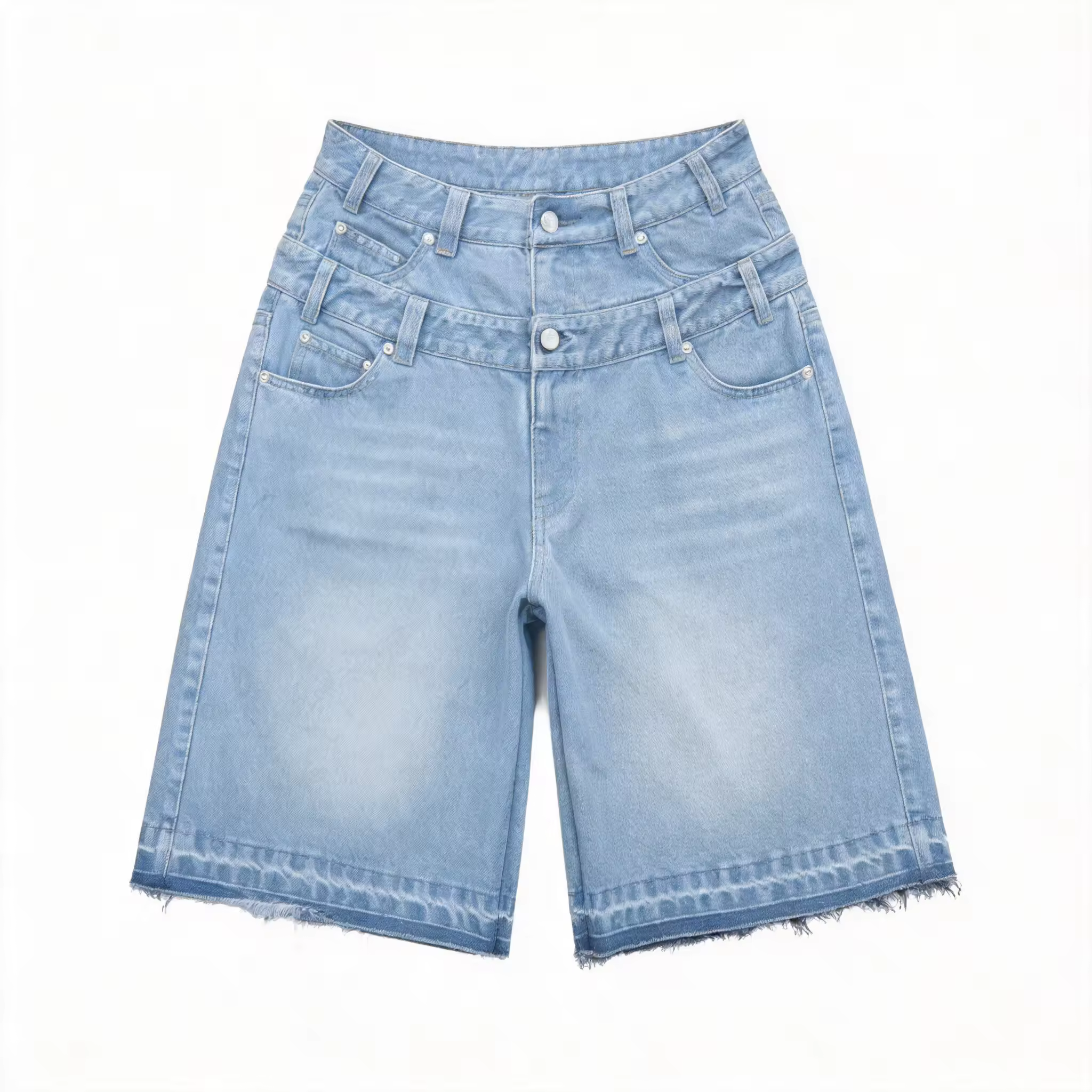 High Quality Custom logo High Waist Double Waistband Men's Denim Shorts 100% Cotton Boot Cut Raw Hem SportyReorder rate 42%