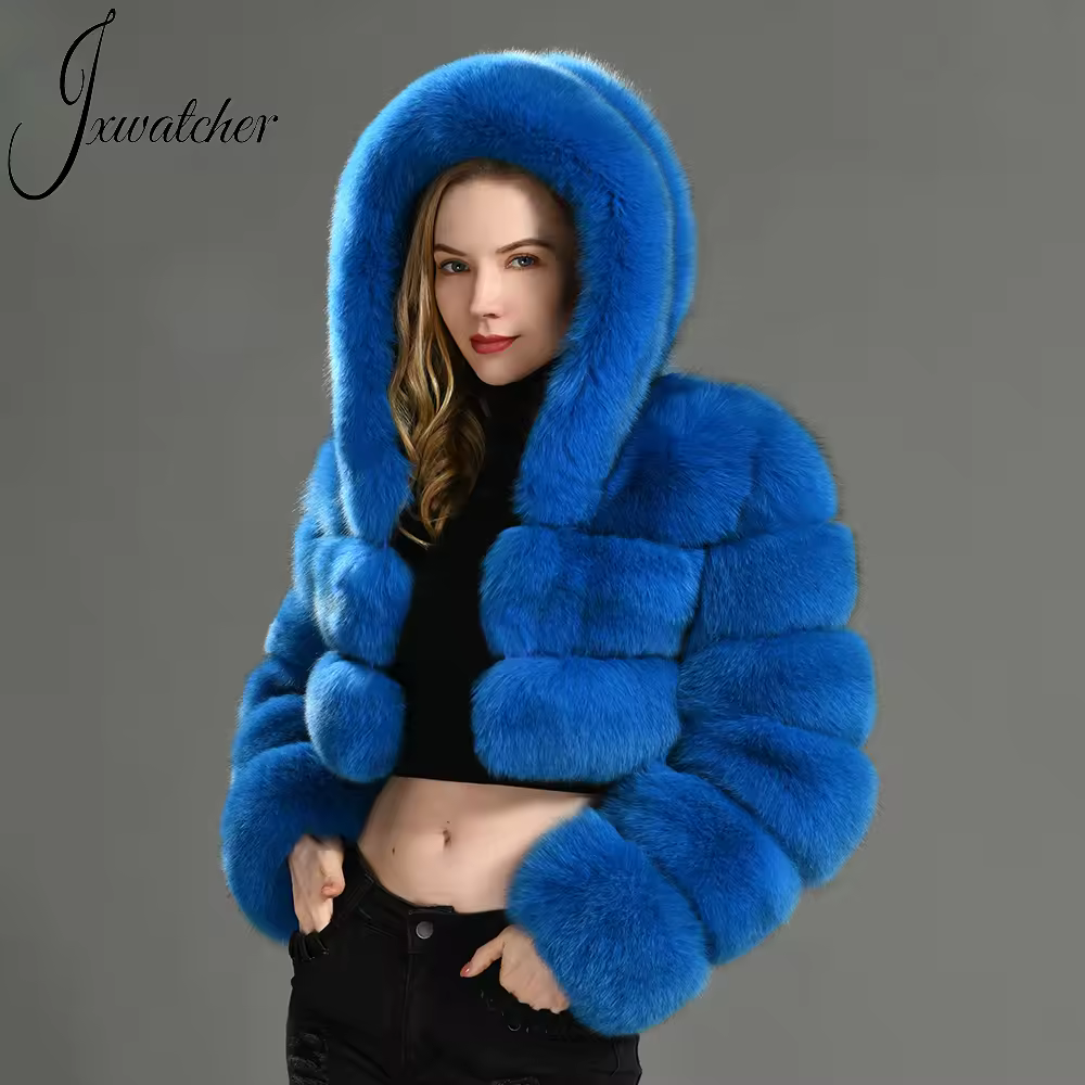 Jxwatcher 2021 Women Winter Fashion Luxury Fluffy Fur Jacket Full Sleeves Hooded Design Ladies Cropped Real Fox Fur CoatReorder rate 29%