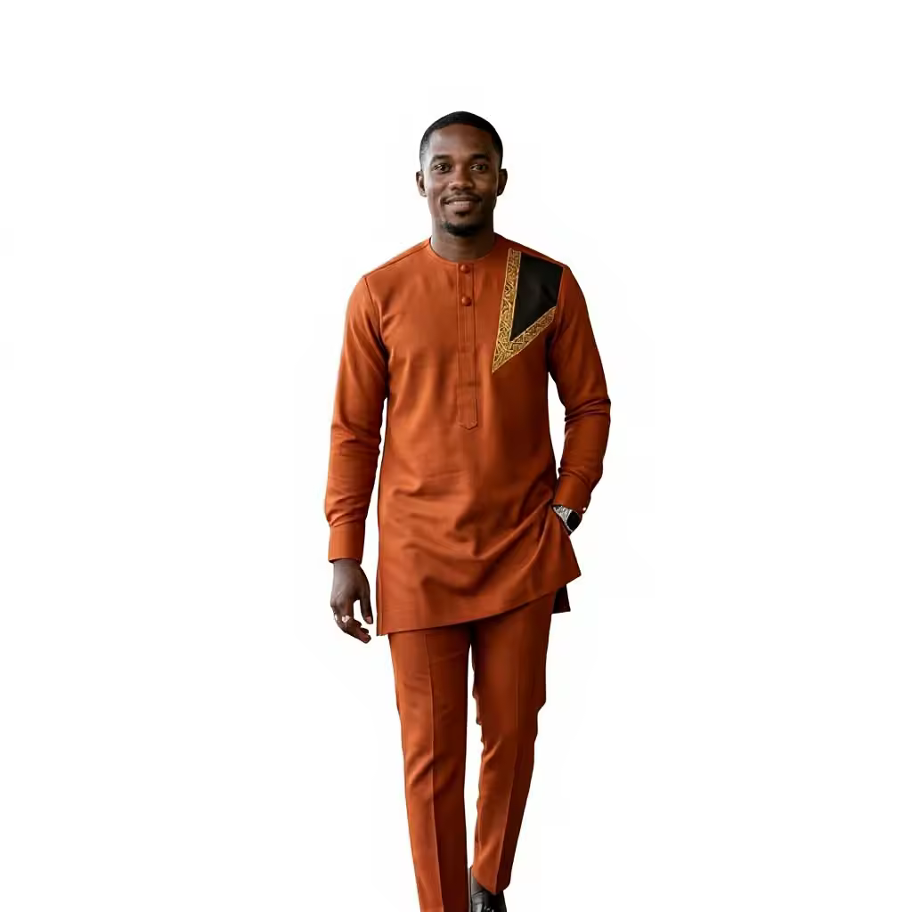 Men's African Style Dashiki Suit 2 Piece Set Long Sleeve Mandarin Collar Tunic Tops with Gold Embroidery Pants for Party WeddingReorder rate 17%