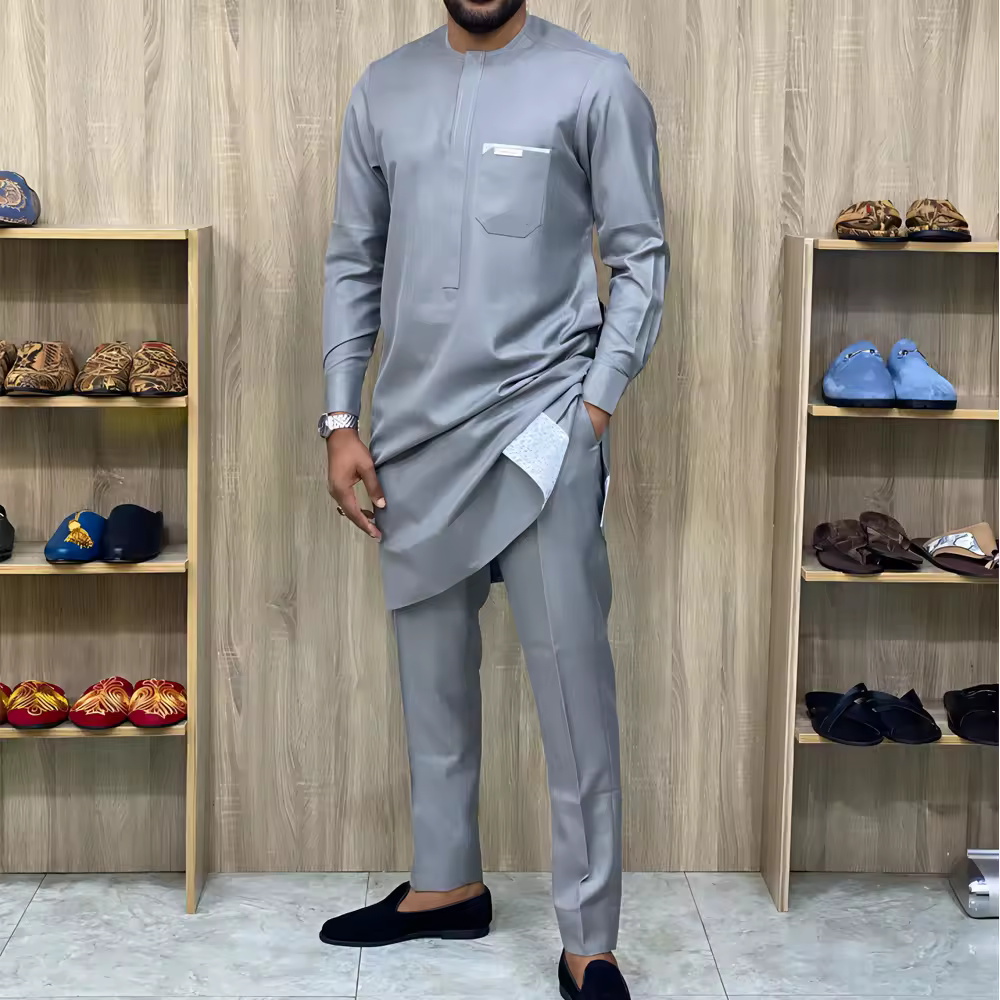 Men's Wedding Dashiki 2-Piece Solid Color Crewneck Long Sleeve African Ethnic Style Polyester Suit