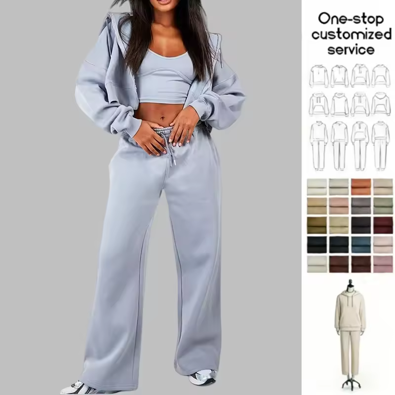 ODM OEM Custom Womens Activewear Casual Loose Two Piece Jackets Tracksuits Crop Zipper Hoodie Wide Leg Pants Sports Hoodies Set