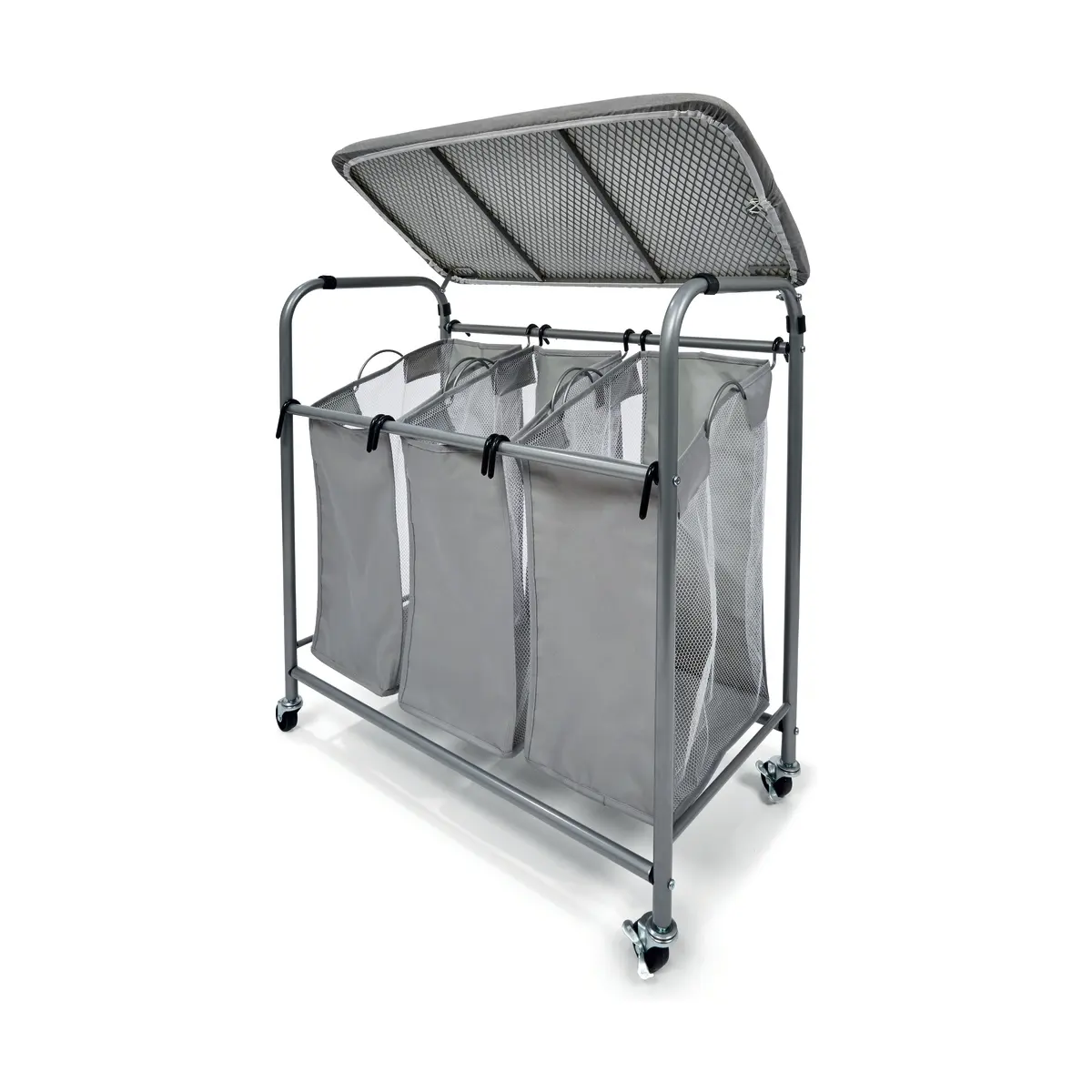 3-Tier Detachable Laundry Hamper Heavy Duty Laundry Basket with Iron Board and Rotary Wheels