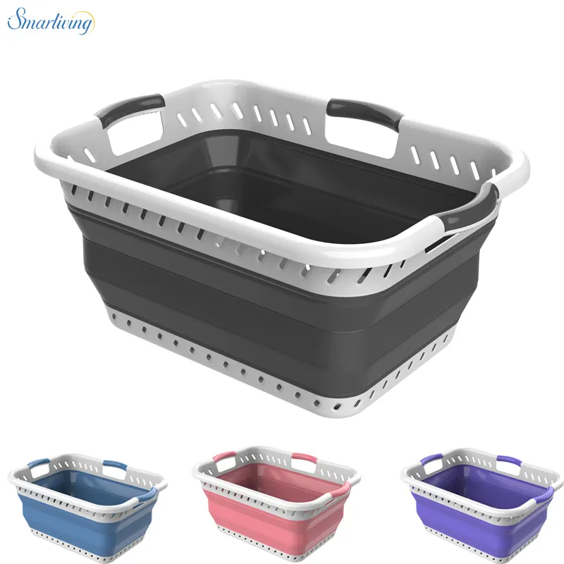 42L Three Comfort Grip Handles Large Capacity Basket Folding Laundry Hamper for Laundry Room Organization and Storage