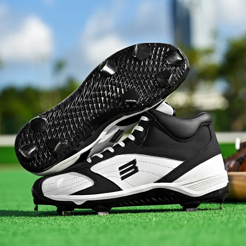 Baseball Shoes Men Mid Top Full Rubber Molded Cleats Softball Field Training Shoes Black White Wide EU38 To 46PKR 6,298 off shippingDelivery by 16 Dec