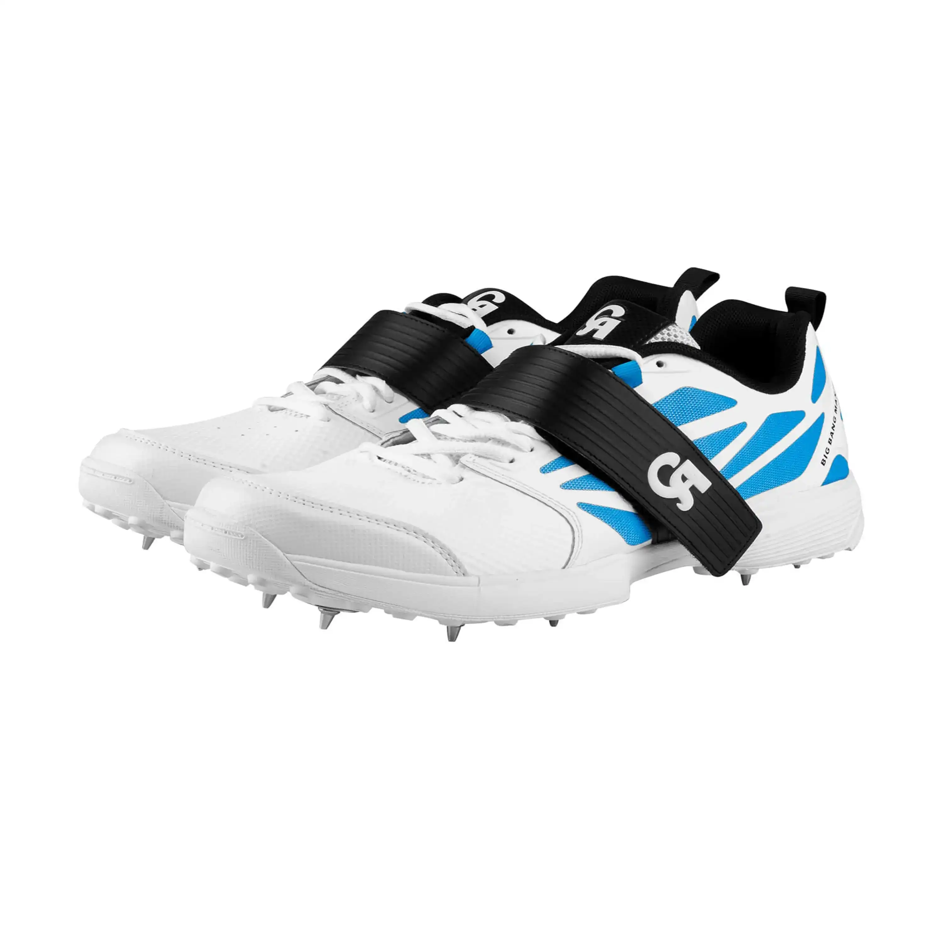 CA PRO Cricket Gripper Shoes for Men Big Bang Spikes Lace-Up Closure Anti-Slip Lightweight Breathable White/Blue Rubber Lining