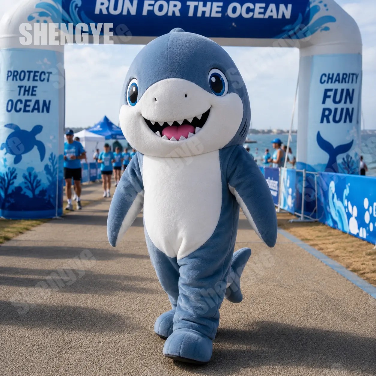 certified Shengye Mascot Factory Custom Fluffy Cartoon Character Suit Smiling Blue Shark Mascot Costume for Ocean Charity Company EventReorder rate 37%