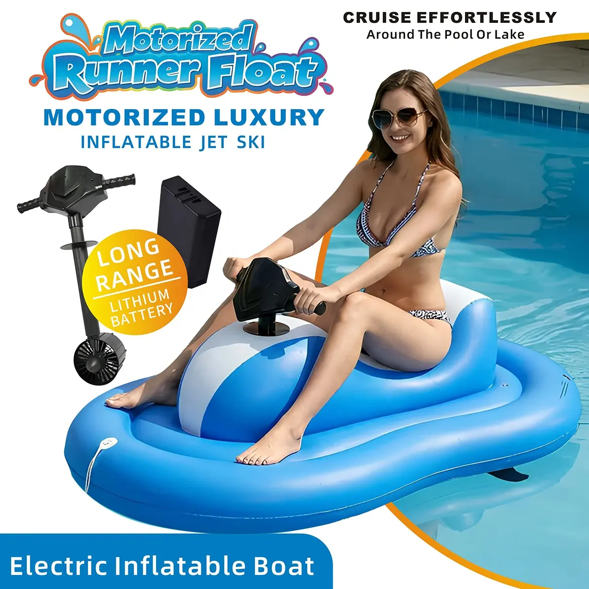 certifiedCustom Kids Motorboat Inflatable Jet Ski Pool Float Motorized Ride-On Pool Toy for Children Water Amusement Facility