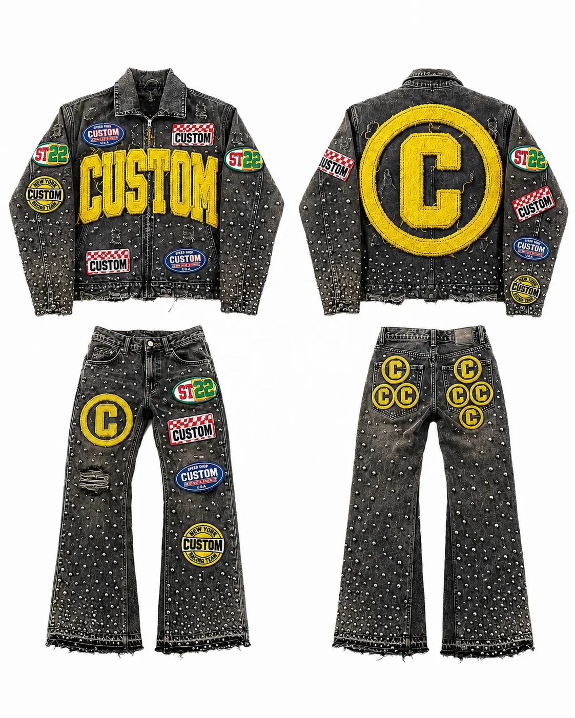 certifiedCustom OEM ODM Casual Patch Denim Outfit Set Metal Stud Distressed Zip Jacket Flare Jeans 3D Letter Embroidery 2PCS Suit Unisex