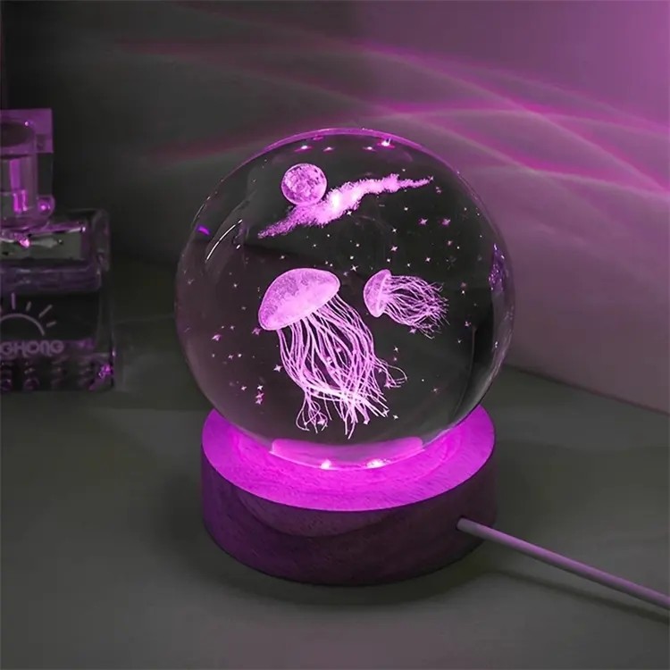 certifiedModern 3D LED Night Light Touch Control Christmas Crystal Ball With Santa Jellyfish Table Lamp Perfect Christmas Gift