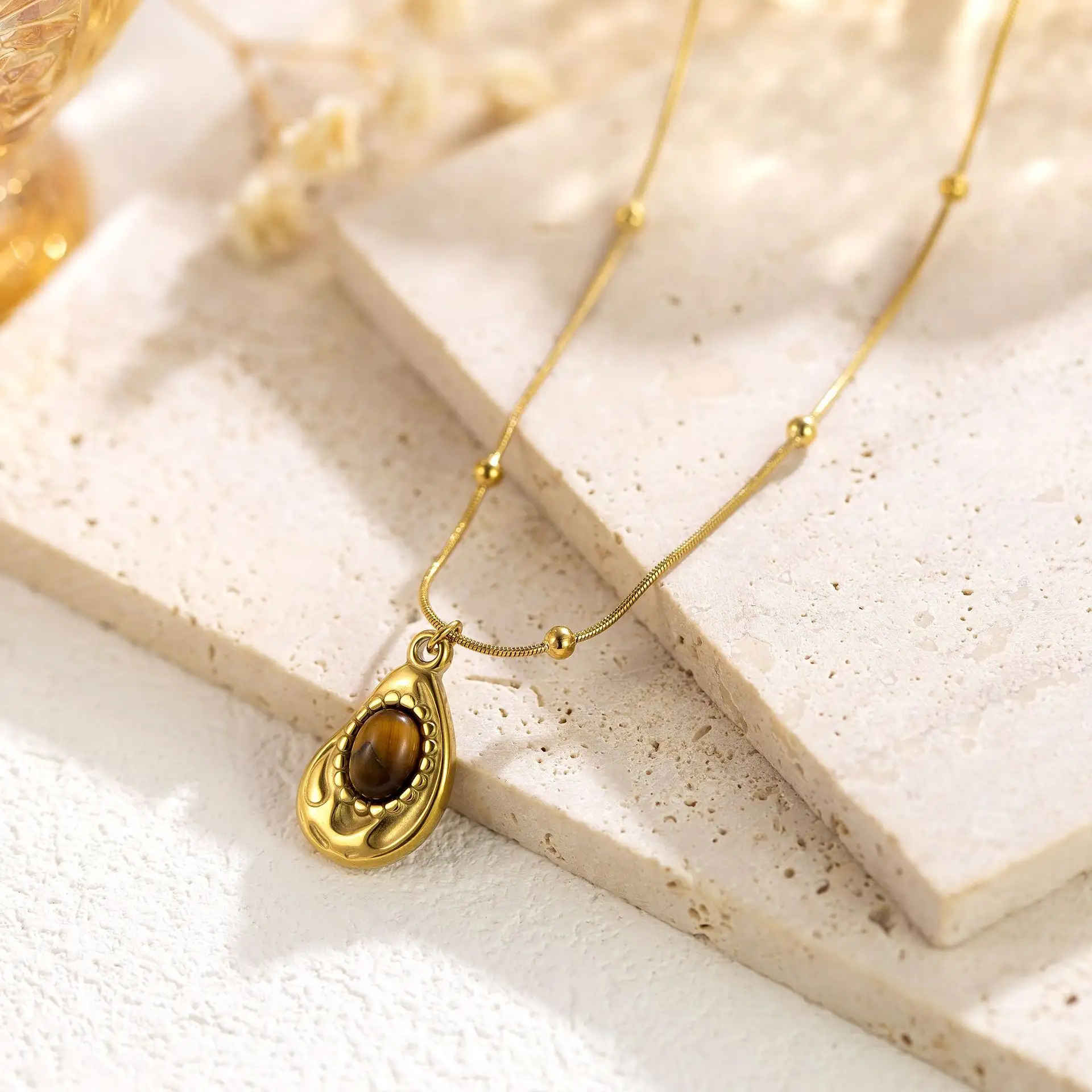 certifiedNew Arrivals Natural Stone Pendant Necklace Stainless Steel Geometric Women's Necklaces Fashion Jewelry for Party Gifts