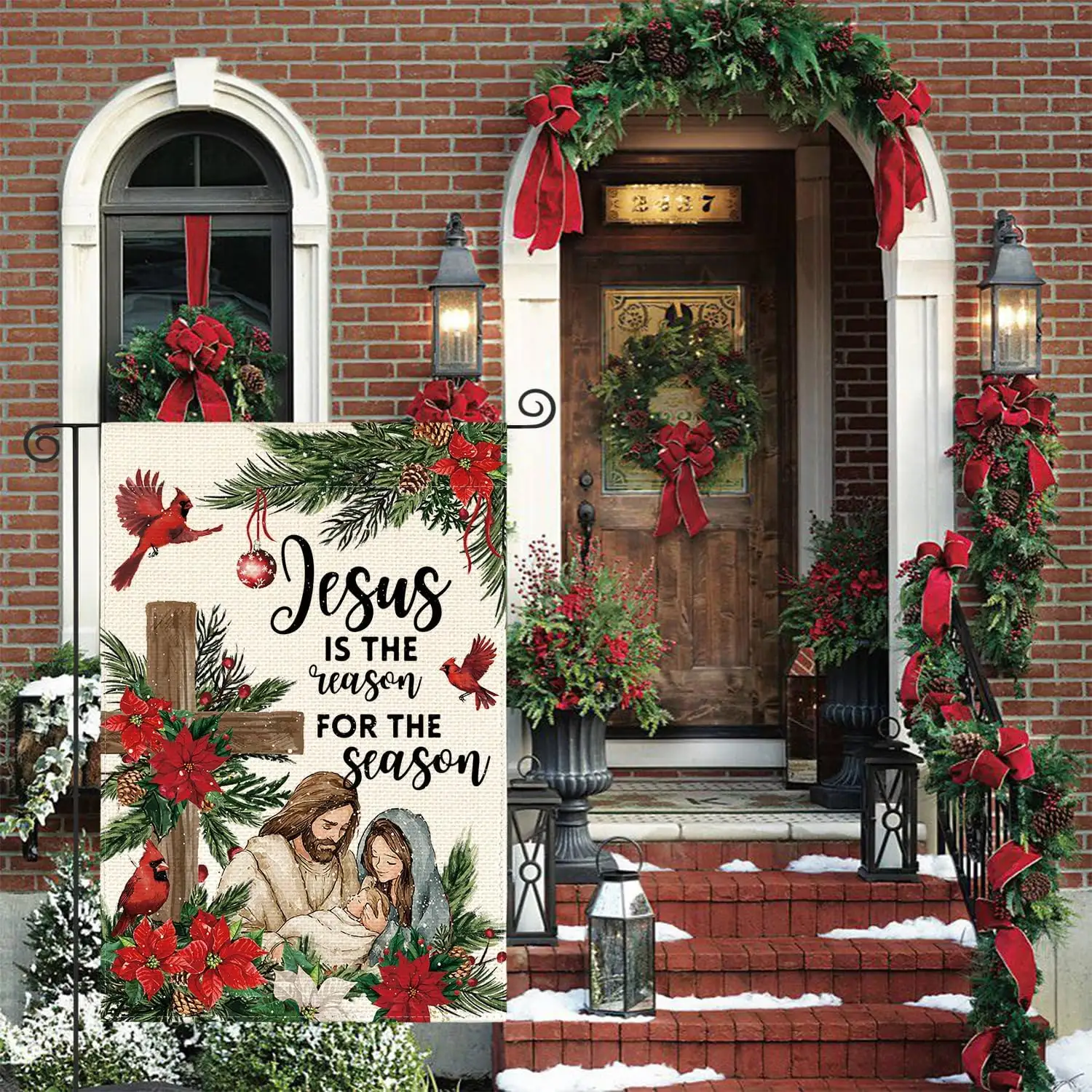 Christmas Religious Garden Flag Double Sided Polyester Linen Jesus Nativity Yard Flag For Outdoor Holiday Decoration