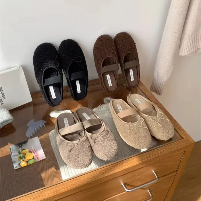 Curly Lambswool Flats Ballerinas Ladies Bowtie Loafers Elastic Band Square Toe Shoes Ladies Sheep Fur Pantuflas Femme Wool Mules