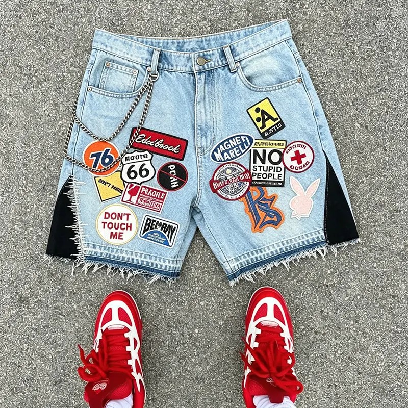 Custom Embroidery Patch Washed Baggy Oversized Heavyweight Streetwear Cotton Men's Denim Shorts Vintage JortsReorder rate 27%