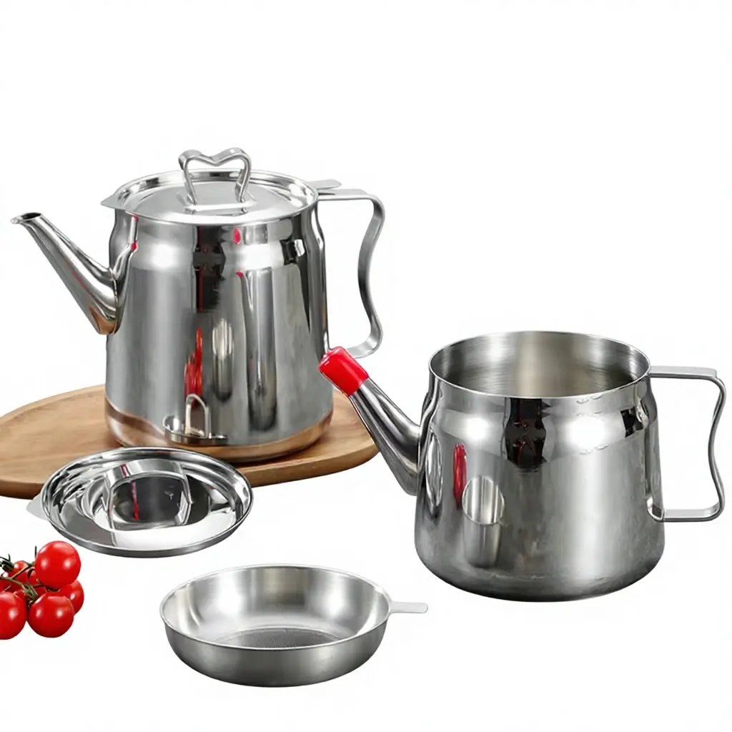 Custom Logo 304 Stainless Steel Oil Pot Set, Drip-Free Grease Strainer Dispenser with Red Spout for Home Kitchen & Brand Gifts