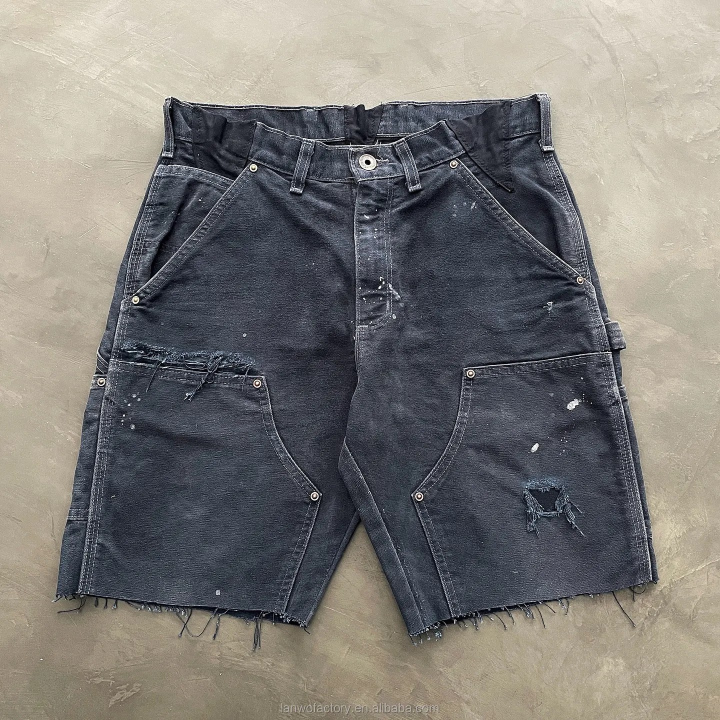 Custom OEM Mens Black Washed Jorts Jeans Double Knee Multi Pocket Heavyweight Streetwear Loose Fit Cargo Denim Shorts for MenReorder rate 45%
