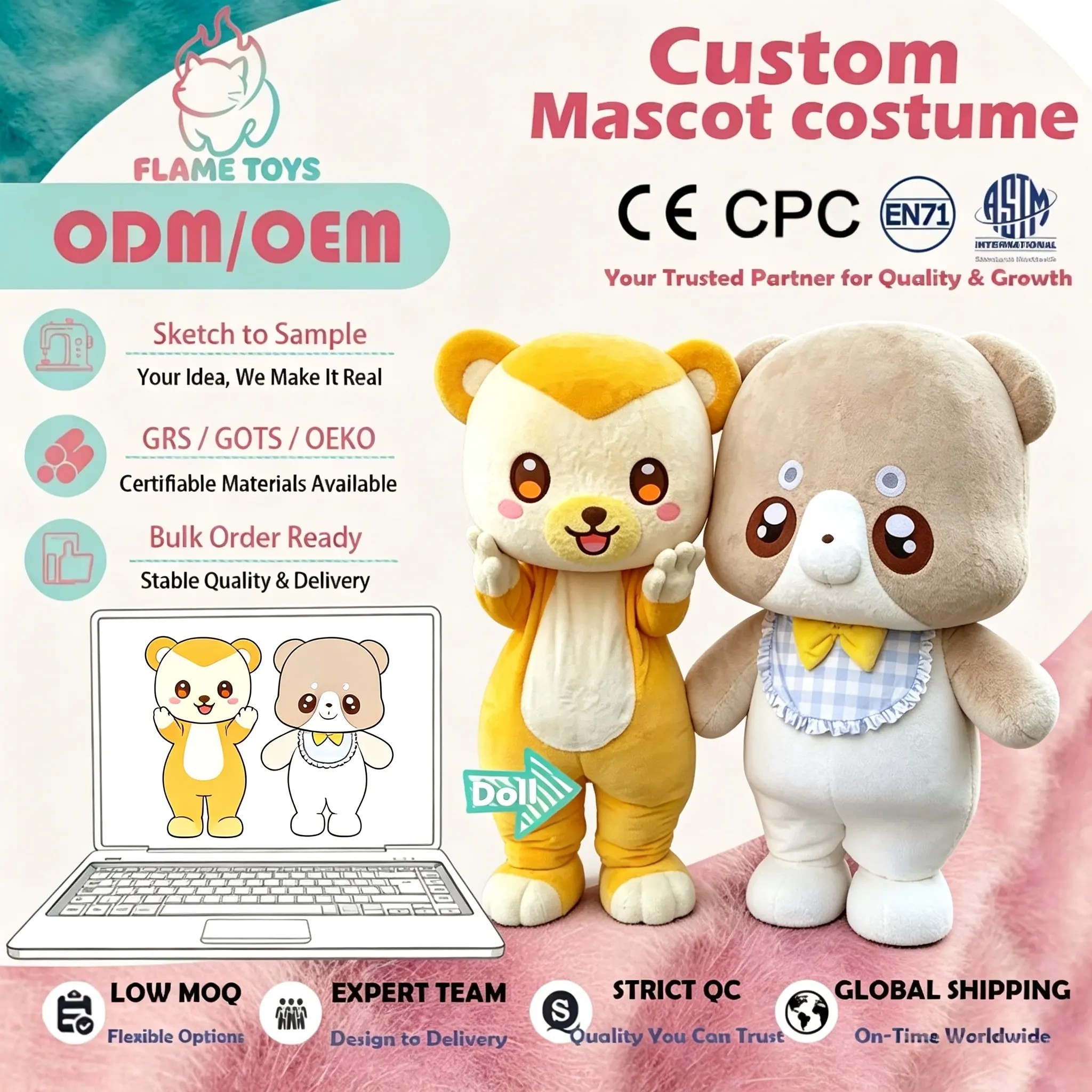 Factory Company Advertising Mascot Cartoon Human Character Costume Inflatable Animal Tiny Bear Mascot Costume for AdultsReorder rate 20%