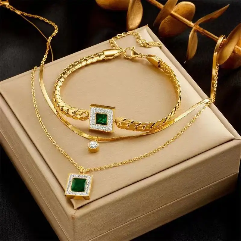Fashion Christmas Gift Emerald Zircon Crystal Vintage Gold Stainless Steel Necklace Jewelry Set for WomenReorder rate 50%