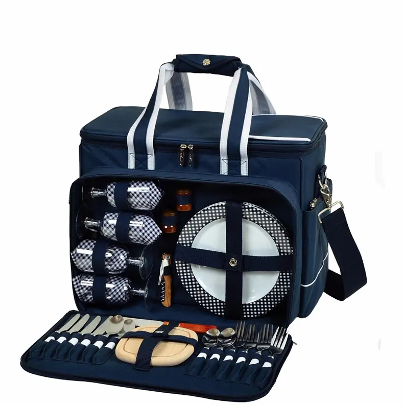 Fashionable 4-Person Picnic Basket Set Insulated Waterproof Pouch for Family Outdoor Camping BBQ and PicnicsReorder rate 20%