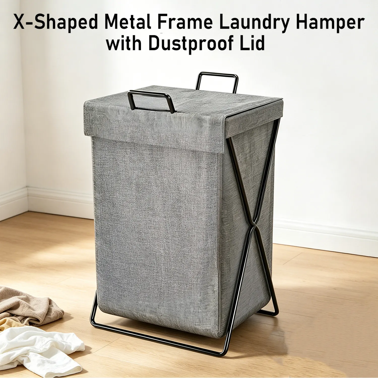 Foldable Laundry Basket with X Metal Frame Waterproof Lid Dual Handles 10cm Legs for Bathroom Clothes Storage HamperReorder rate 37%