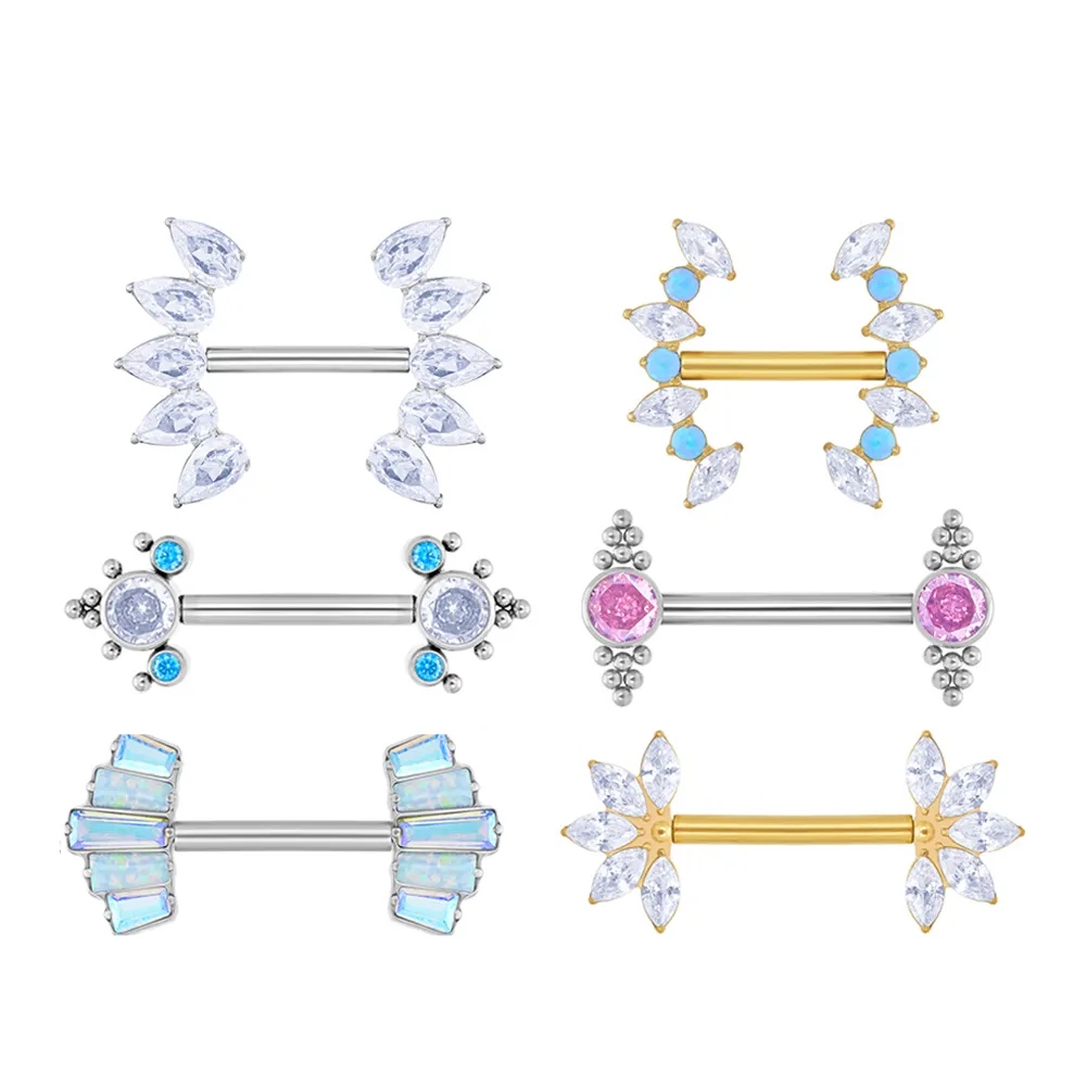 G23 Nipple Ring Piercing Barbell 14G Pin Style Zircon Opal Women Breast Ear Tragus Cartilage Daith PIERC Body Jewelry