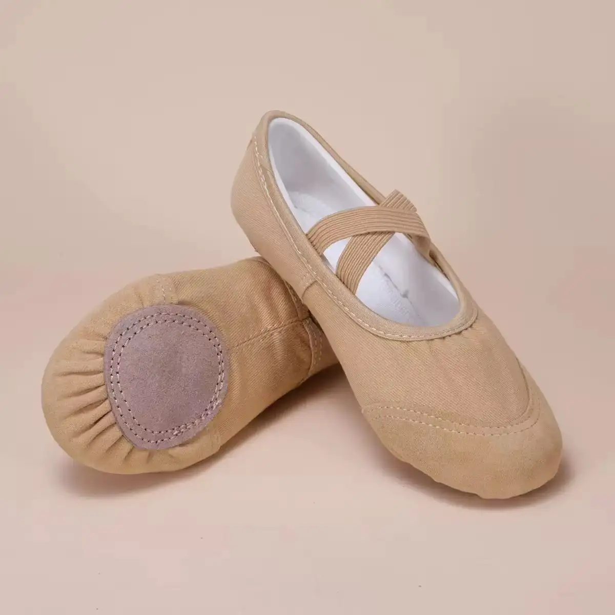 Girls Leather Toe Canvas Ballet Shoes Wide Cross Elastic Strap Split Sole Ballerina Dance SlippersReorder rate 17%