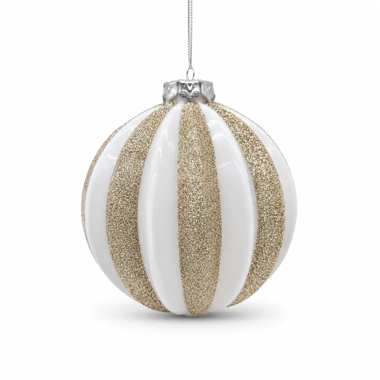 Handmade Glass Christmas Ornament Ball with Glitter Stripe Design for Holiday Tree Decoration