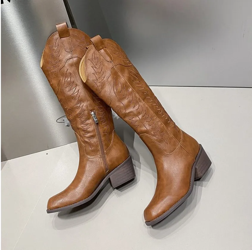 High Quality Brown Genuine Leather Western Cowboy Boots Women Anti-Slip Pointed Exotic Embroidered Thread Design Middle HeelReorder rate 37%
