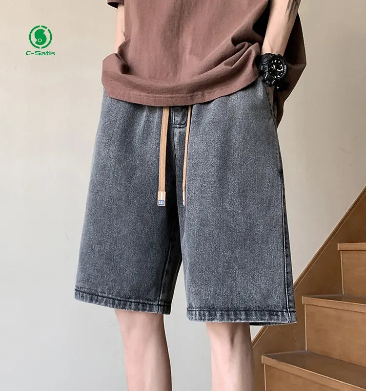 High Street Denim Shorts Men's Fashion Loose Straight Drawstring Five Pants Men's Casual ShortsReorder rate 22%