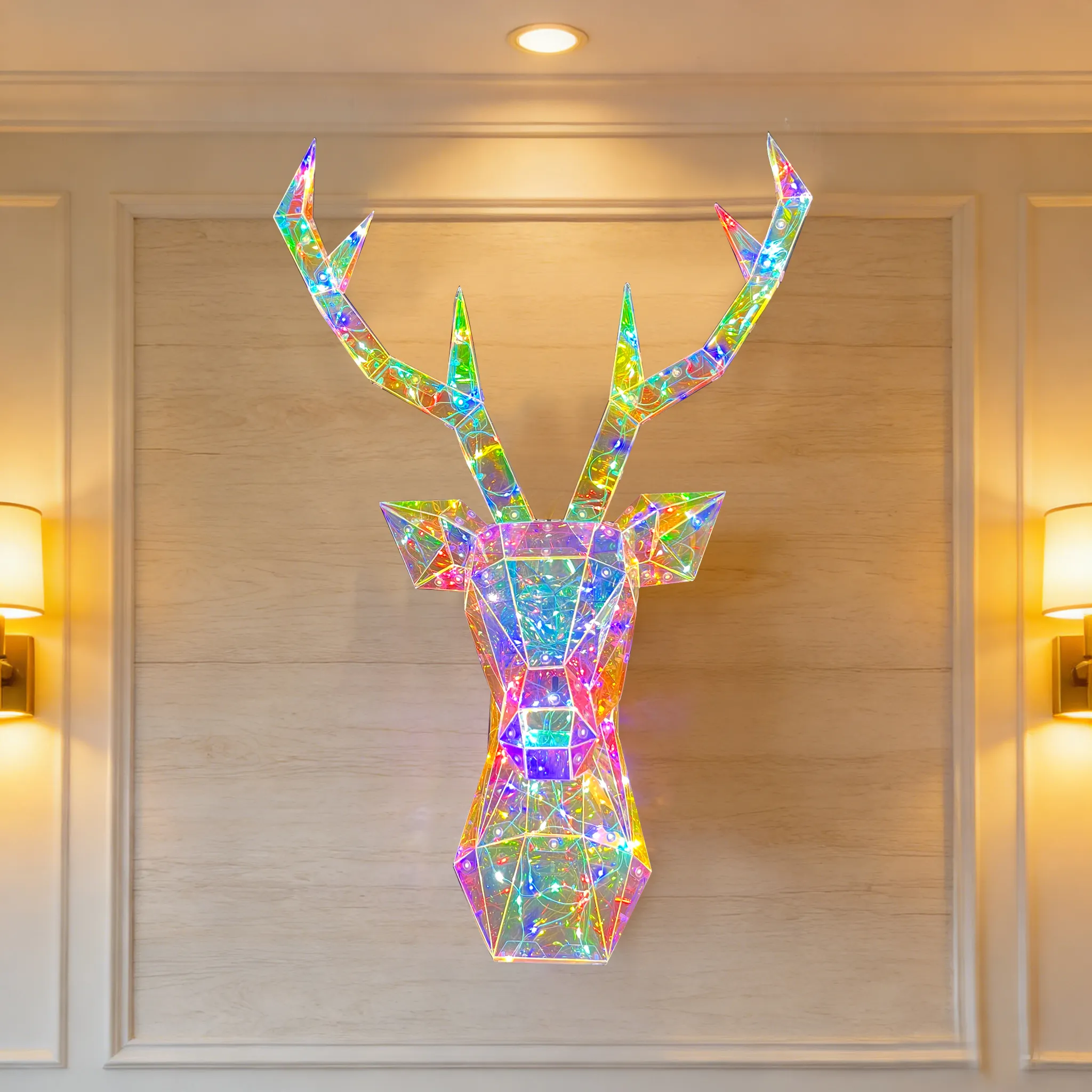 Illuminated Reindeer Head Wall Decor LED Electric Holographic Iridescent PET Deer Hanging USB Powered 160 LEDs 8 Modes Christmas