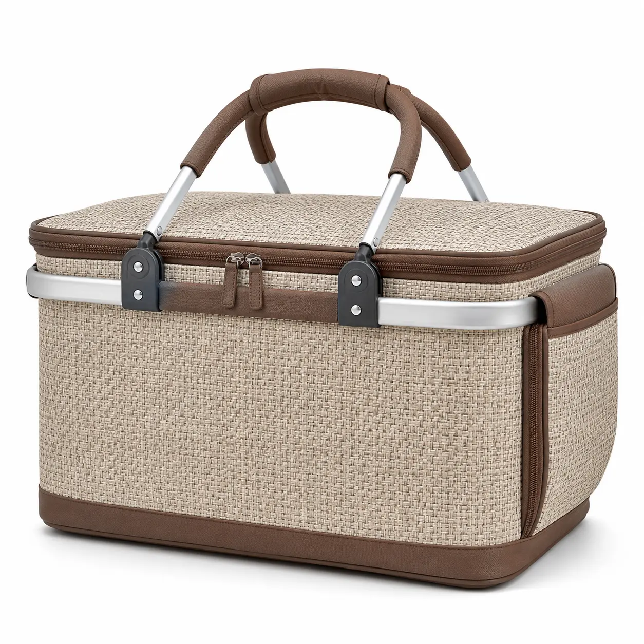 Insulated Picnic Basket Beige Woven Collapsible Cooler Hamper with Aluminum Handle for Shopping Outdoor GatheringReorder rate 18%