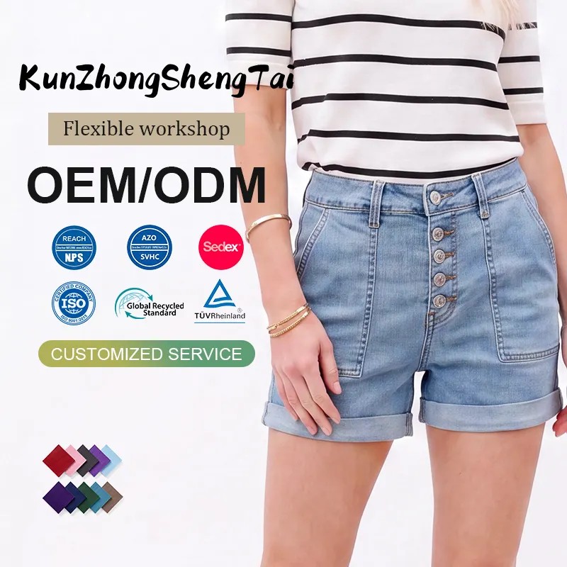 Jean Shorts Women Custom Factory Soft Comfortable High Waist Button Patch Pocket Rolled Denim Shorts