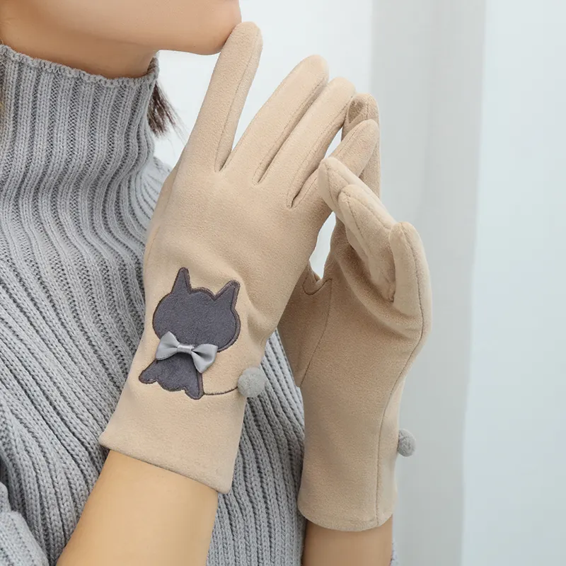 Ladies Wrist-Length Winter Velvet Warm Windproof and Cold Cute Cat Embroidery Touch Screen Durable Riding Driving Gloves