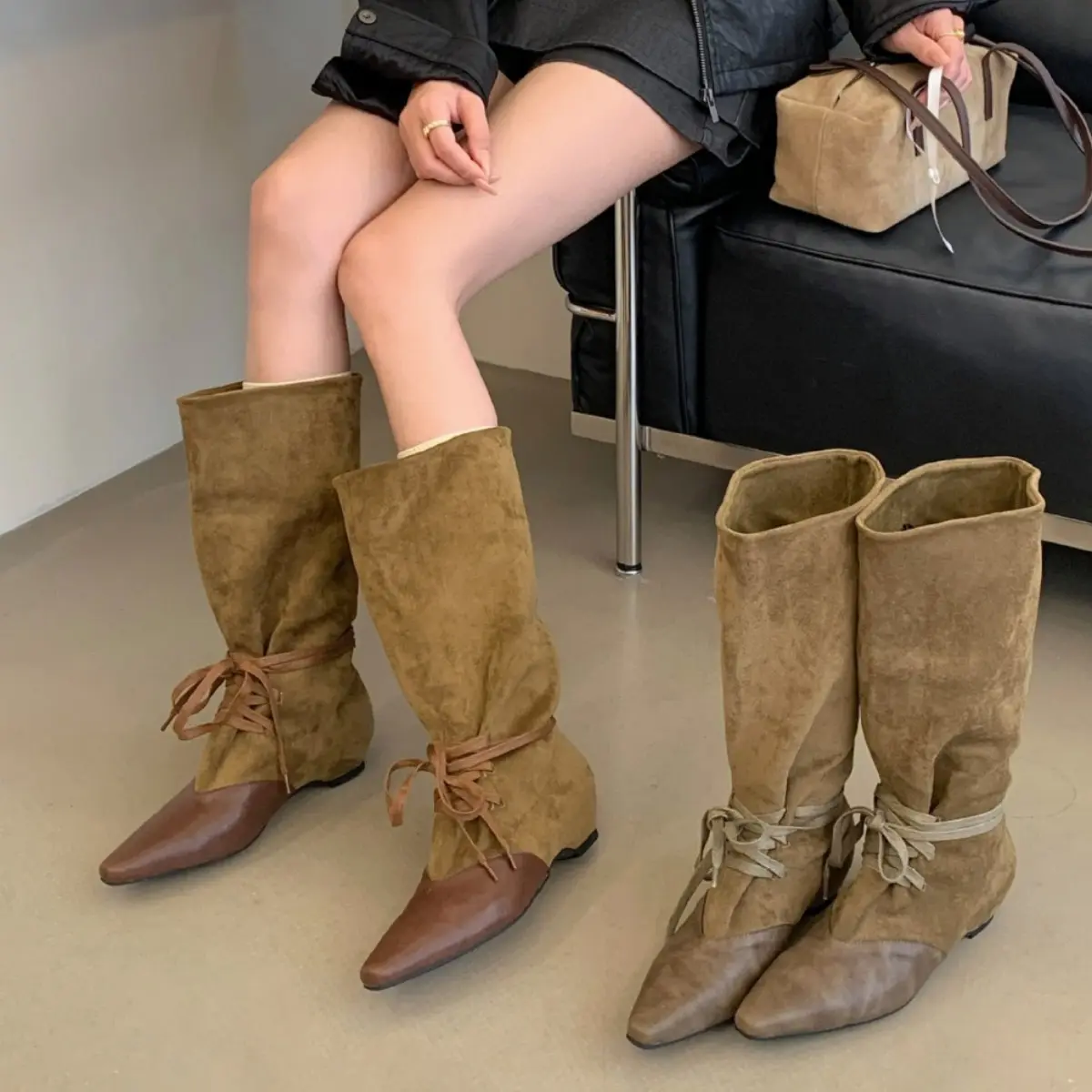 Maillard Retro Lace-up Flat Heel Slouch Western Cowboy Boots Women 2026 Autumn/winter Slimming Leg Design High-top WaterproofReorder rate 30%