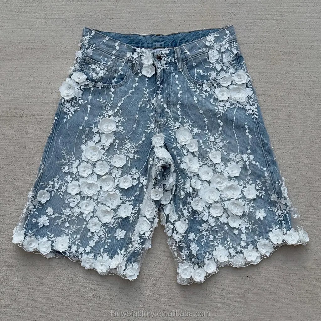 Manufacturer Custom Streetwear Summer Lace Flower Distressed Denim Shorts Men Designer Jorts Baggy Jeans Denim ShortsReorder rate 45%