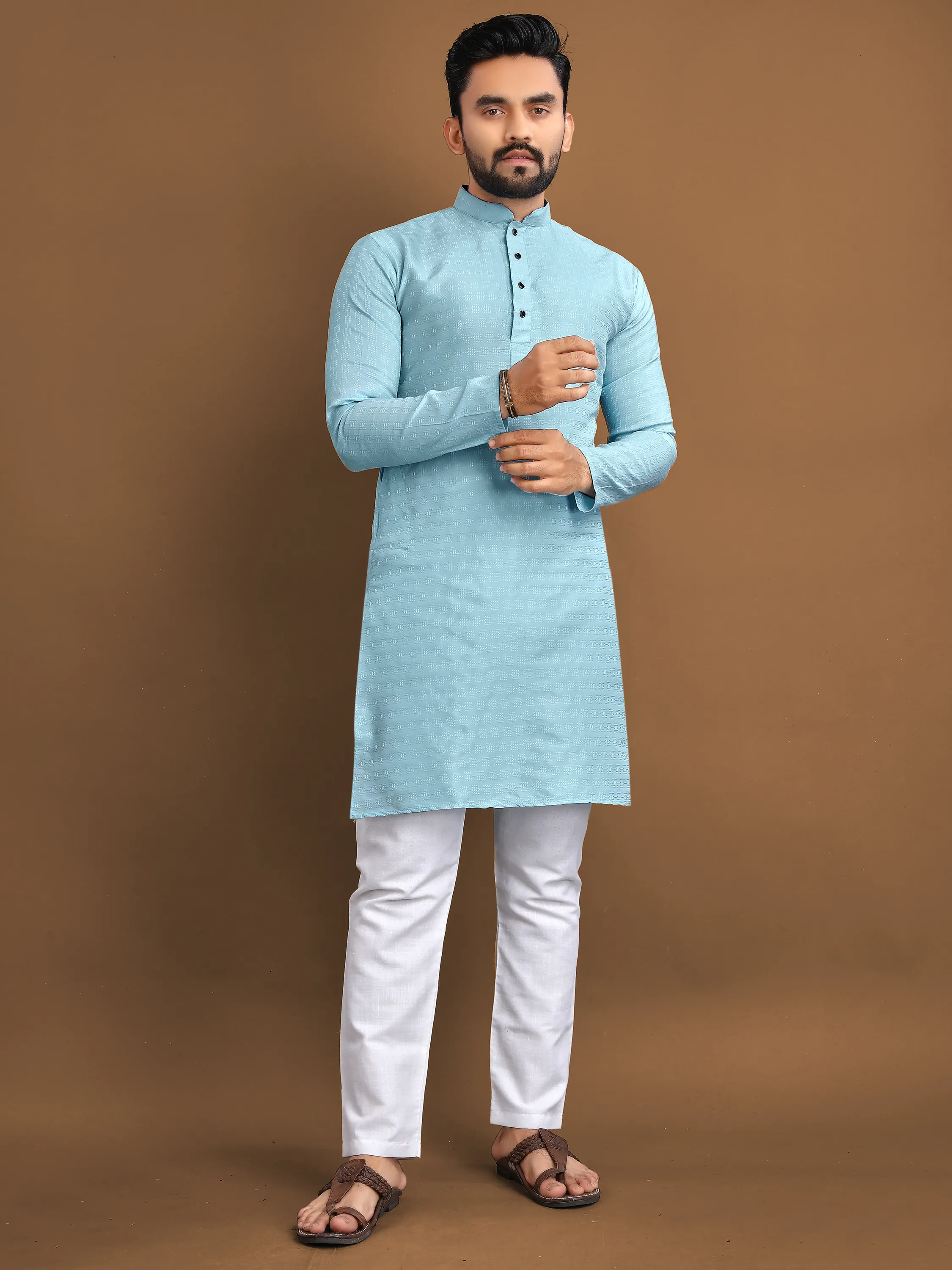 Men's Light Blue Cotton Kurta White Churidar Pants Traditional Indian Ethnic Wear Regular Fit Knee-Length Wedding Graduation XL