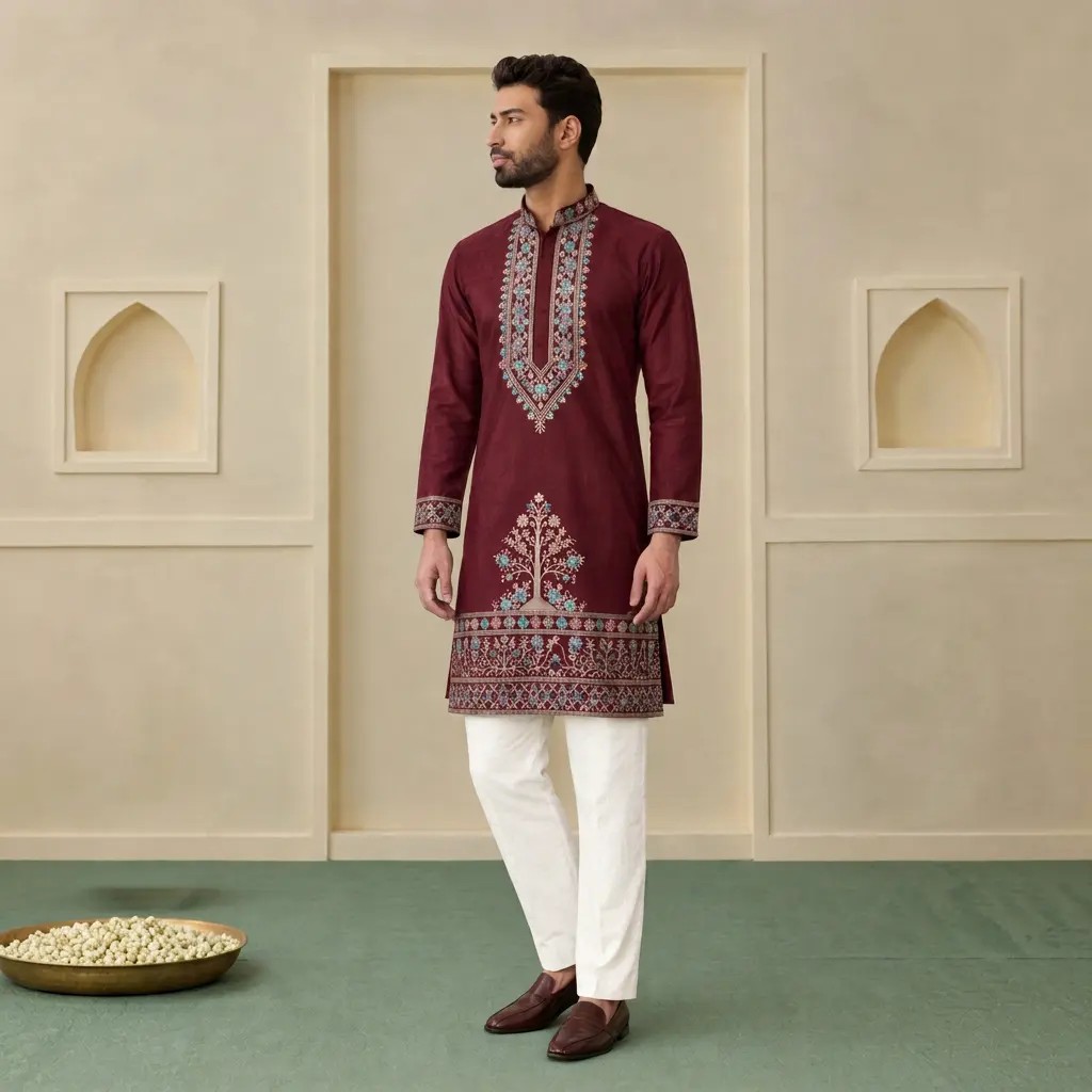 Men's Maroon Embroidered Kurta White Churidar Wedding Traditional Indian Pakistani Outfit Regular Fit Knee-Length Quick Dry
