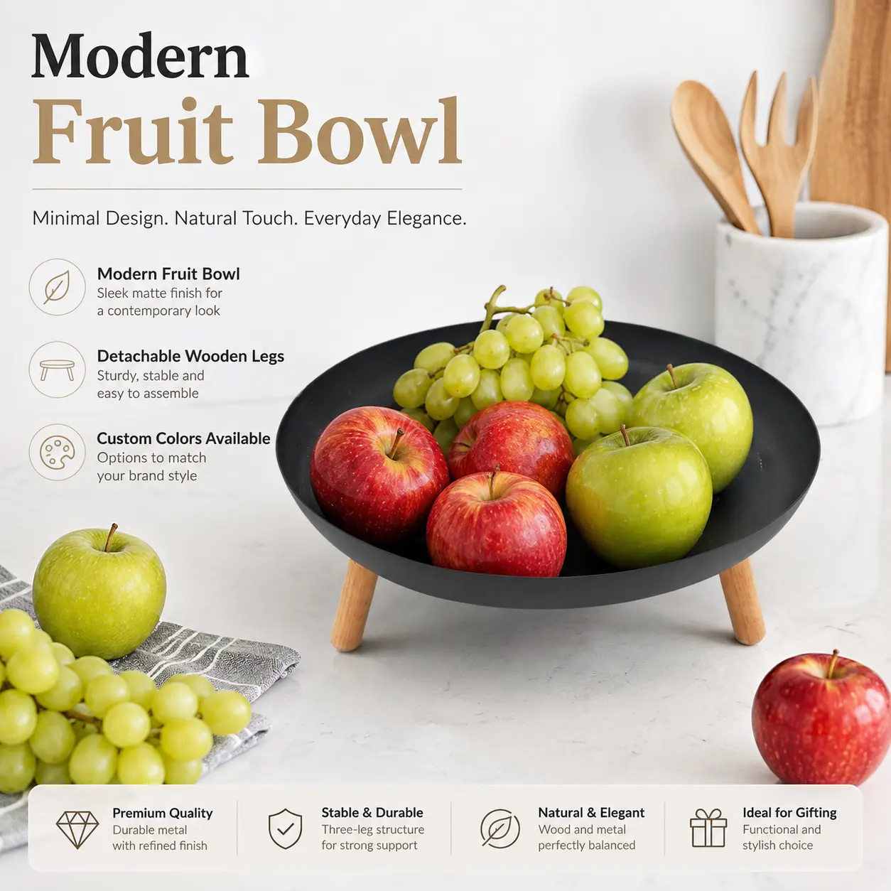 Modern Metal Fruit Bowl Wooden Legs Detachable Basket Tray Kitchen Countertop Storage Organizer Apple Grape Home Decor