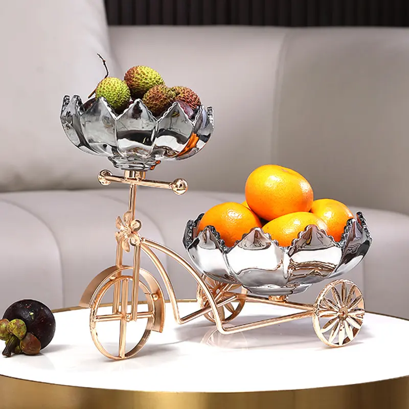 New Arrival Creative Bike Craft Snack Tray Dry Fruit Decoration Superior G Ulity Glass Tray Metal Craft Fruits Tray