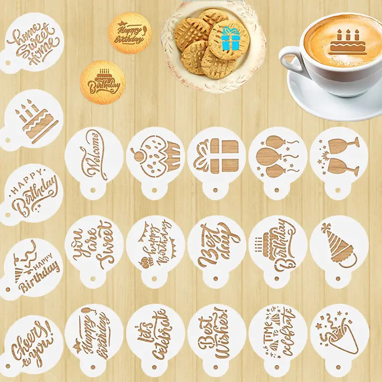 New Design Bonvada 16 PCS PP/PET Template Custom White 0.25mm Thick Customized Size Cake Latte Art Coffee Decorating Stencils