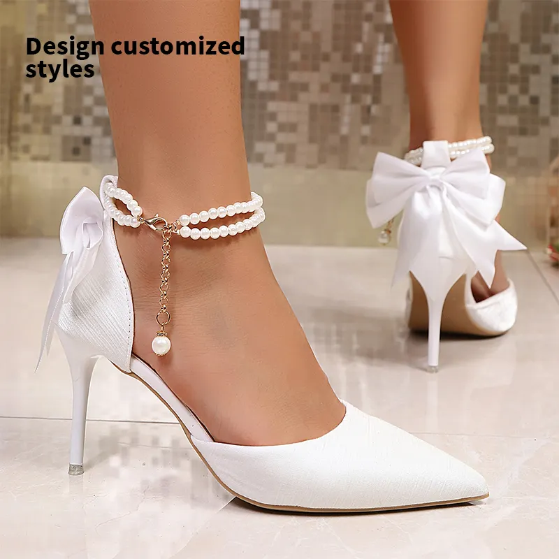 New Design Style Woman Sexy Pointed Toe Thin Heels Lady Shoes PU Fabric Design Heel Bow Round Slender Tapered Heel 8.6cm MuY1129