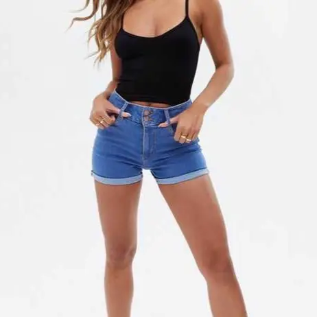 ODM High Waist Denim Shorts Women Solid Color Button Front Stonewashed Casual Summer Style Regular Fit Blue Jean Shorts
