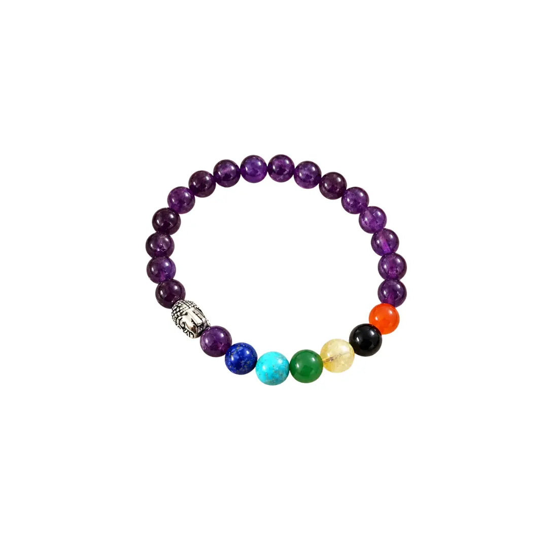 Purple Amethyst Crystal Bead Bracelet Carved Engraved Charm Jewelry Stretch Wristband for Women