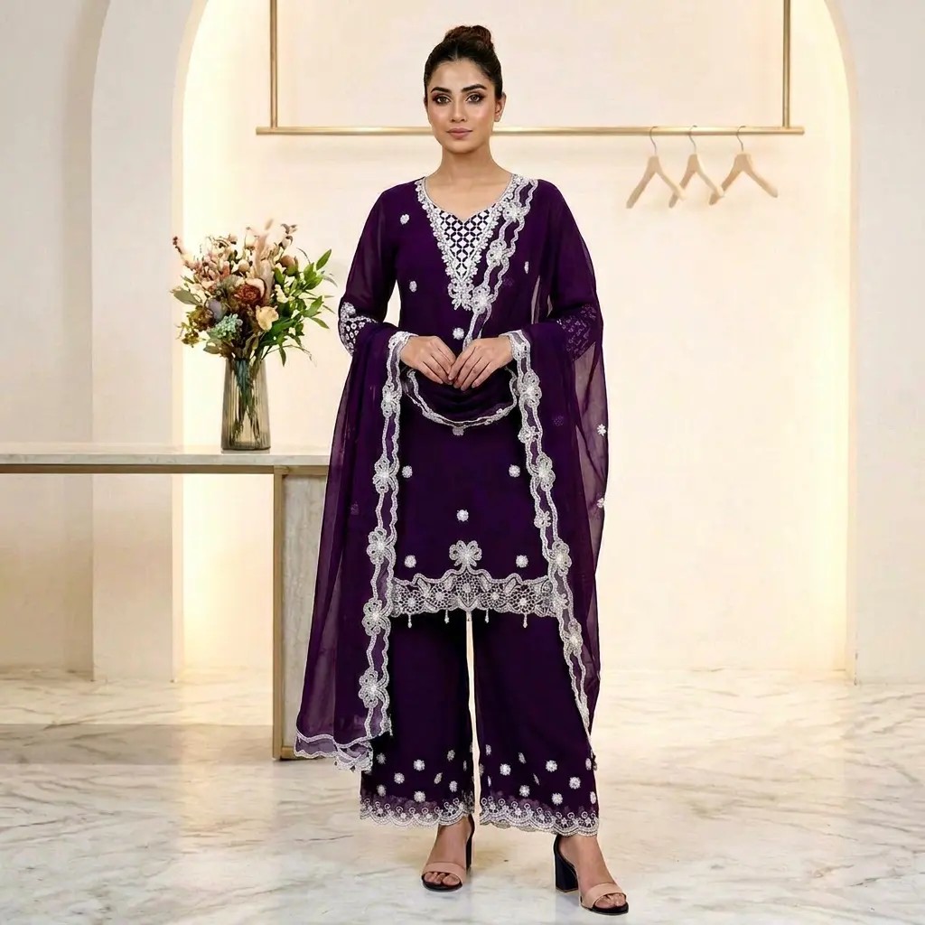 Purple Lace Embroidered Salwar Kameez Set Churidar Pantucho Indian Pakistani Clothing for Wedding Party